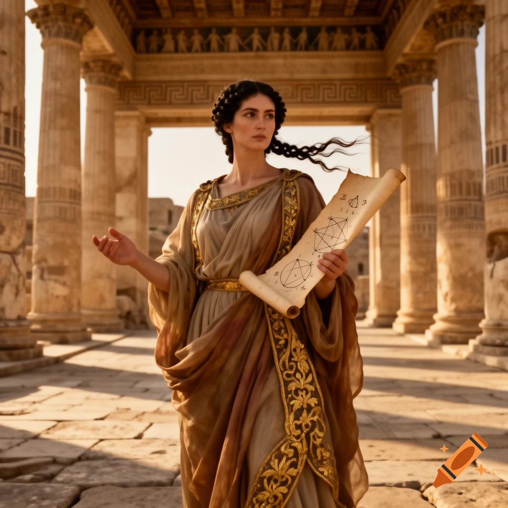 A woman in ancient Greek robes holds a scroll with geometric diagrams, standing in a sunlit temple ruin.
