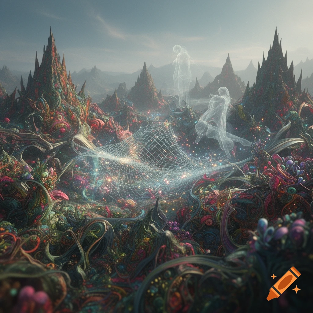 A vibrant, surreal sci-fi landscape with colorful spiky mounds, an infinity net of light, and two ethereal figures floating.
