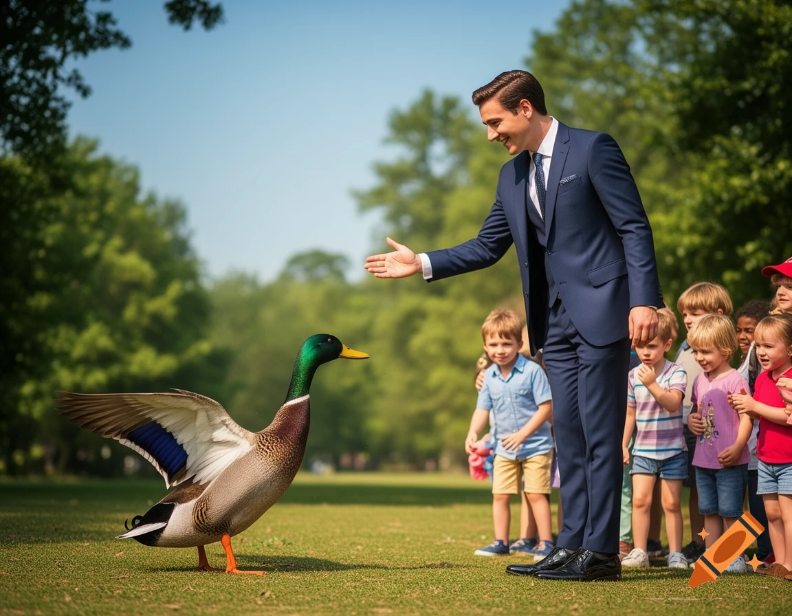A man in a suit reaches out to a mallard duck with outstretched wings, while several children watch in a sunny park.