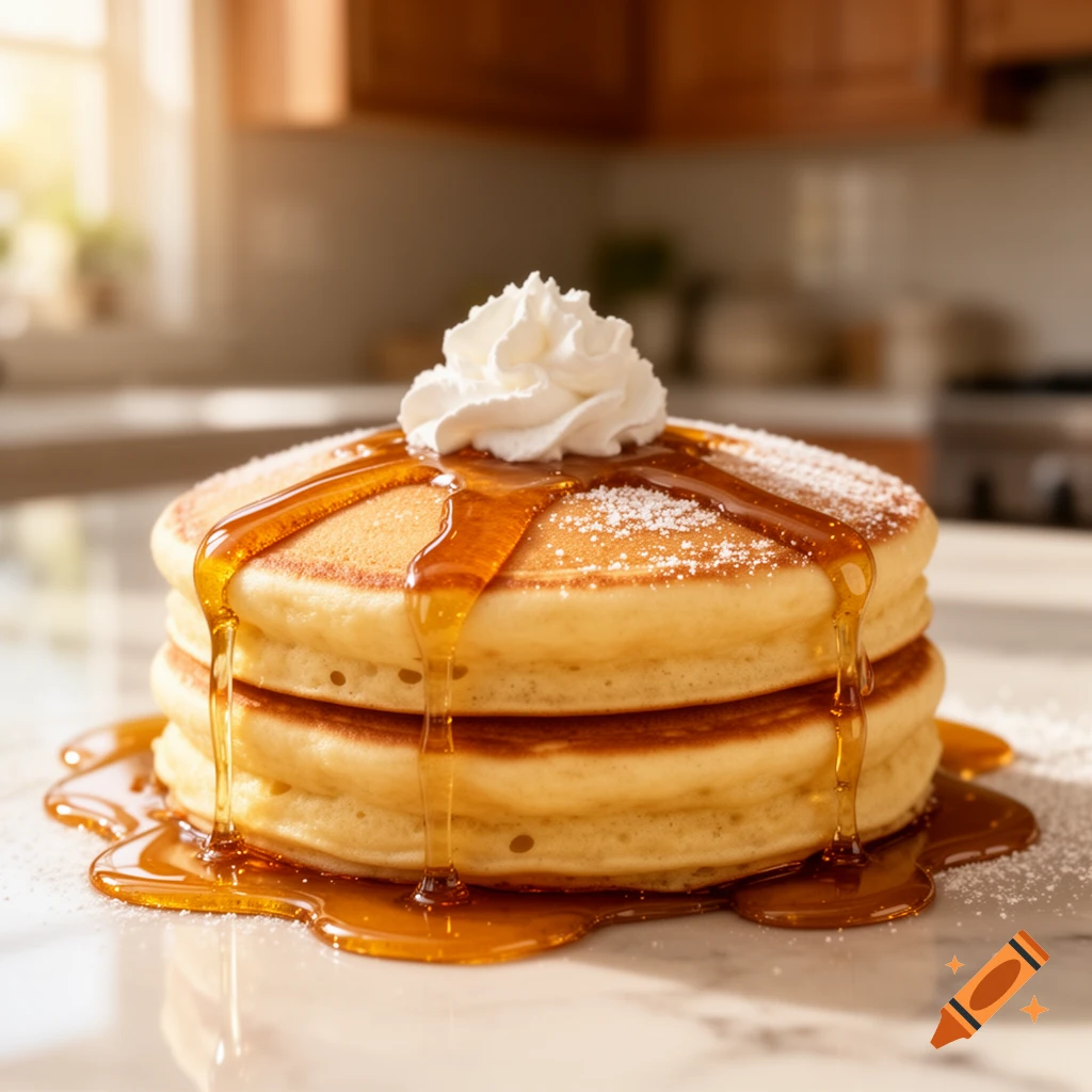 A photorealistic stack of fluffy pancakes drizzled with maple syrup, topped with whipped cream and powdered sugar on a marble kitchen counter.