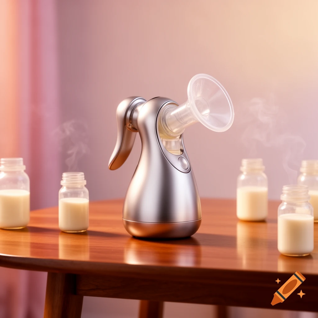 A modern silver breast milk pump stands on a wooden table, surrounded by small glass bottles filled with milk, in a soft-lit setting.