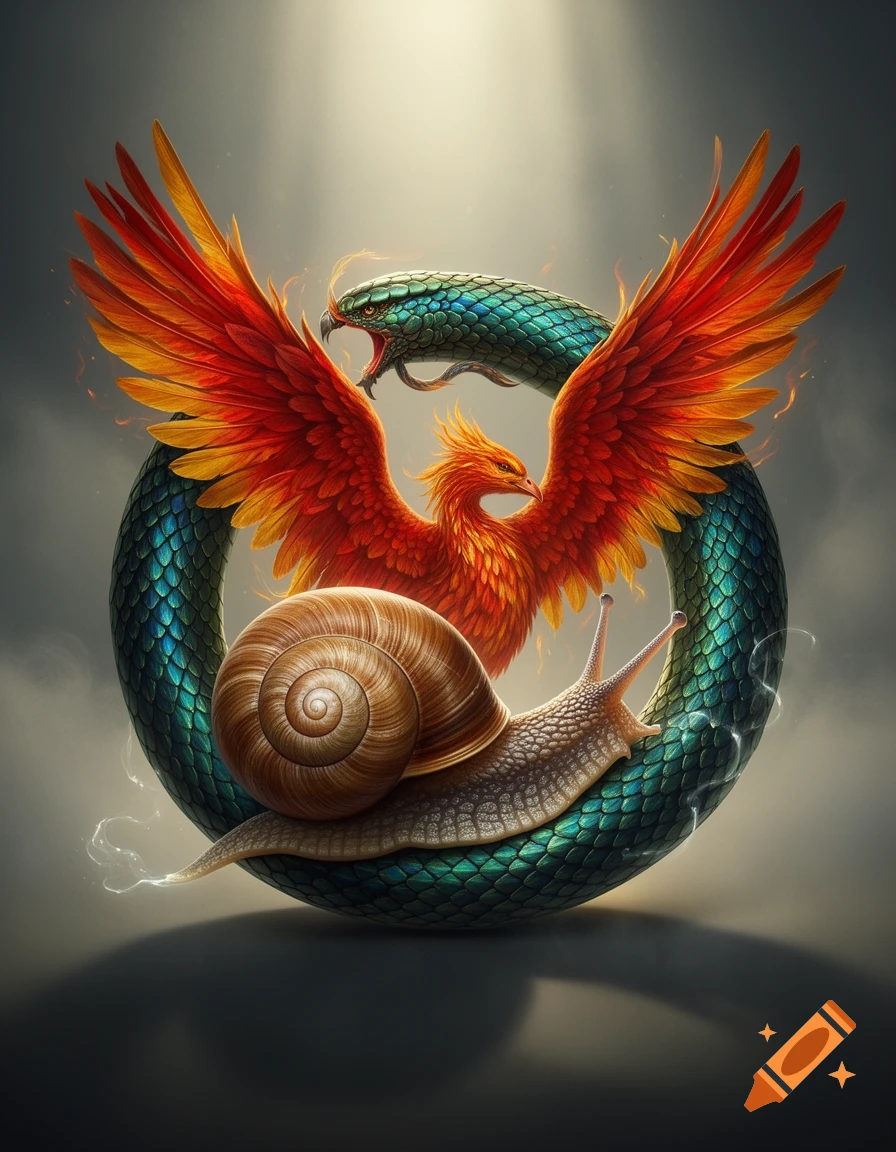 A vibrant illustration of a snail and a fiery phoenix embraced by a green scaly ouroboros snake against a dark background.