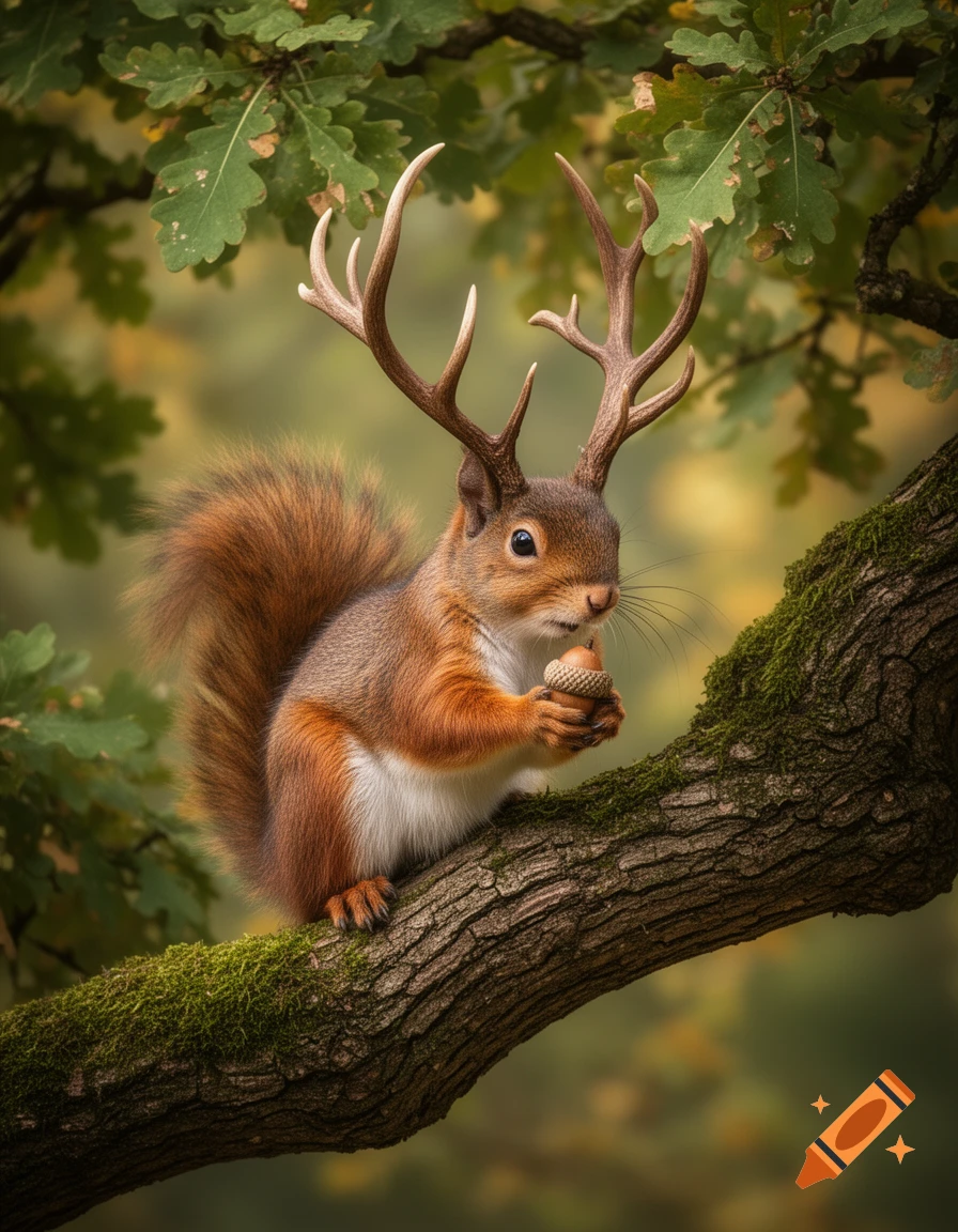 A photorealistic squirrel with deer antlers sits on a mossy tree branch, holding an acorn. Lush green leaves are in the background.