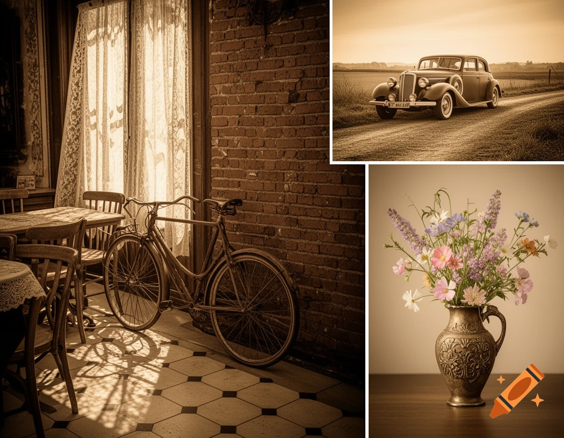 Sepia-toned collage of a vintage cafe interior with a bicycle, an old car on a dirt road, and a flower still life.