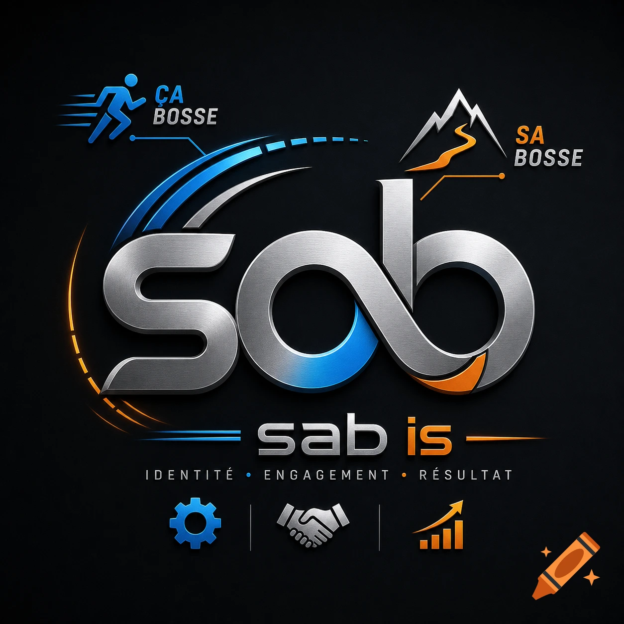 A metallic logo for 'SAB IS' featuring a runner, a mountain, and icons for identity, engagement, and results on a dark background.