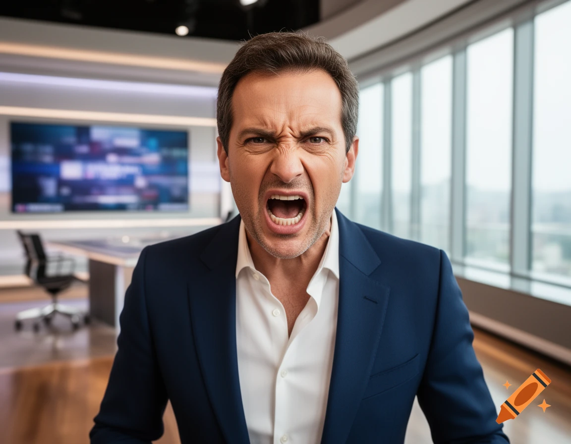 A man in a blue suit and white shirt yells aggressively with a furrowed brow in a modern office or newsroom setting.