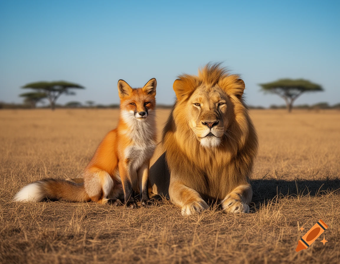 A fox and a lion sit side-by-side in a golden savanna with acacia trees under a clear blue sky.