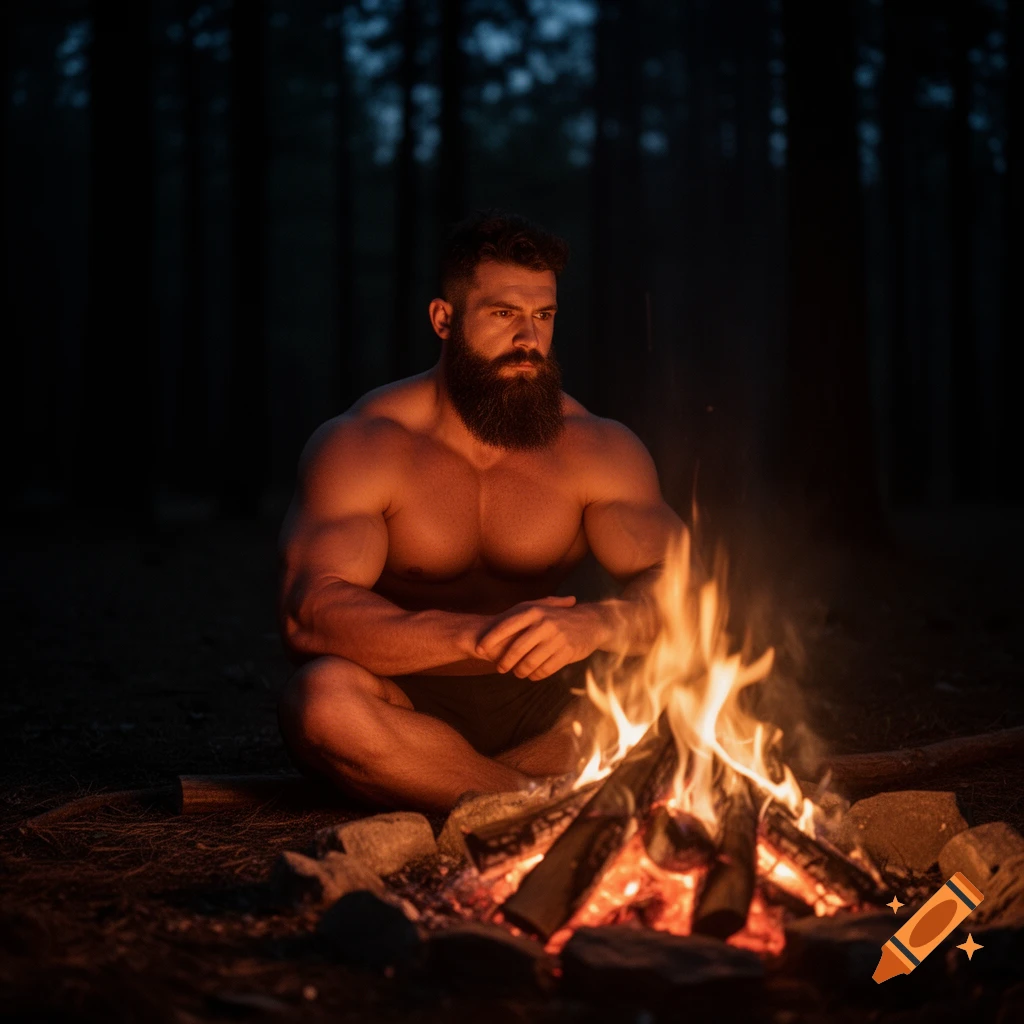 A muscular, bearded man sits shirtless by a glowing campfire in a dark forest at night, looking reflective.
