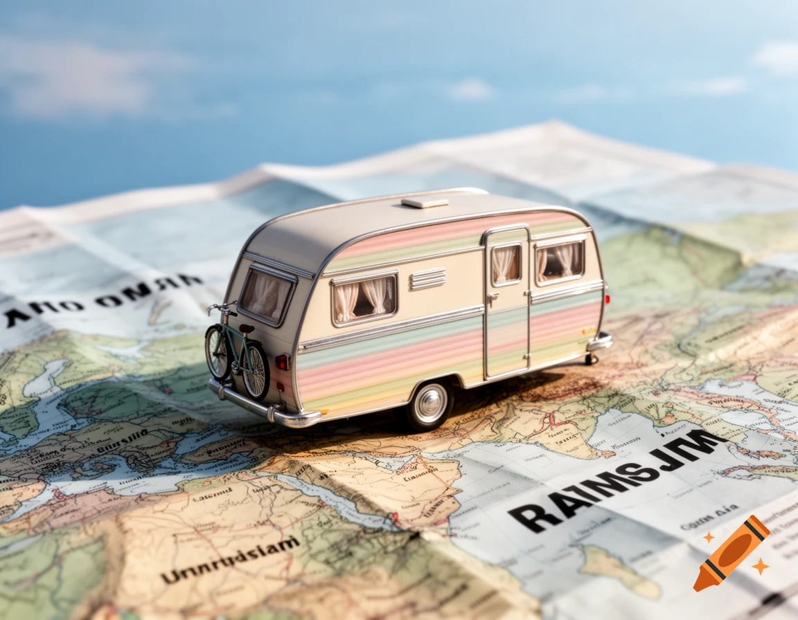 A miniature colorful caravan with a bicycle on its back sits on an open world map under a blue sky, suggesting travel.