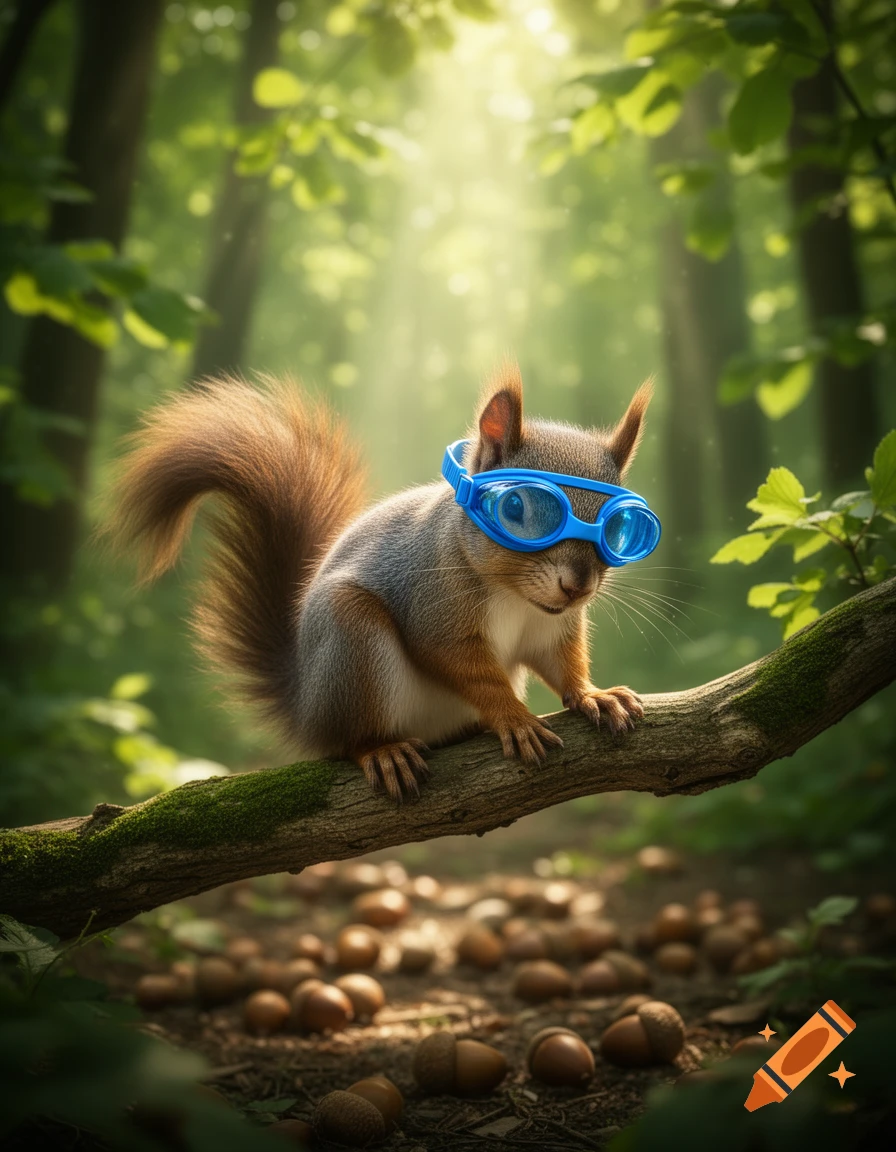 A photorealistic squirrel wearing blue swim goggles sits on a mossy branch in a sun-dappled forest with acorns on the ground.