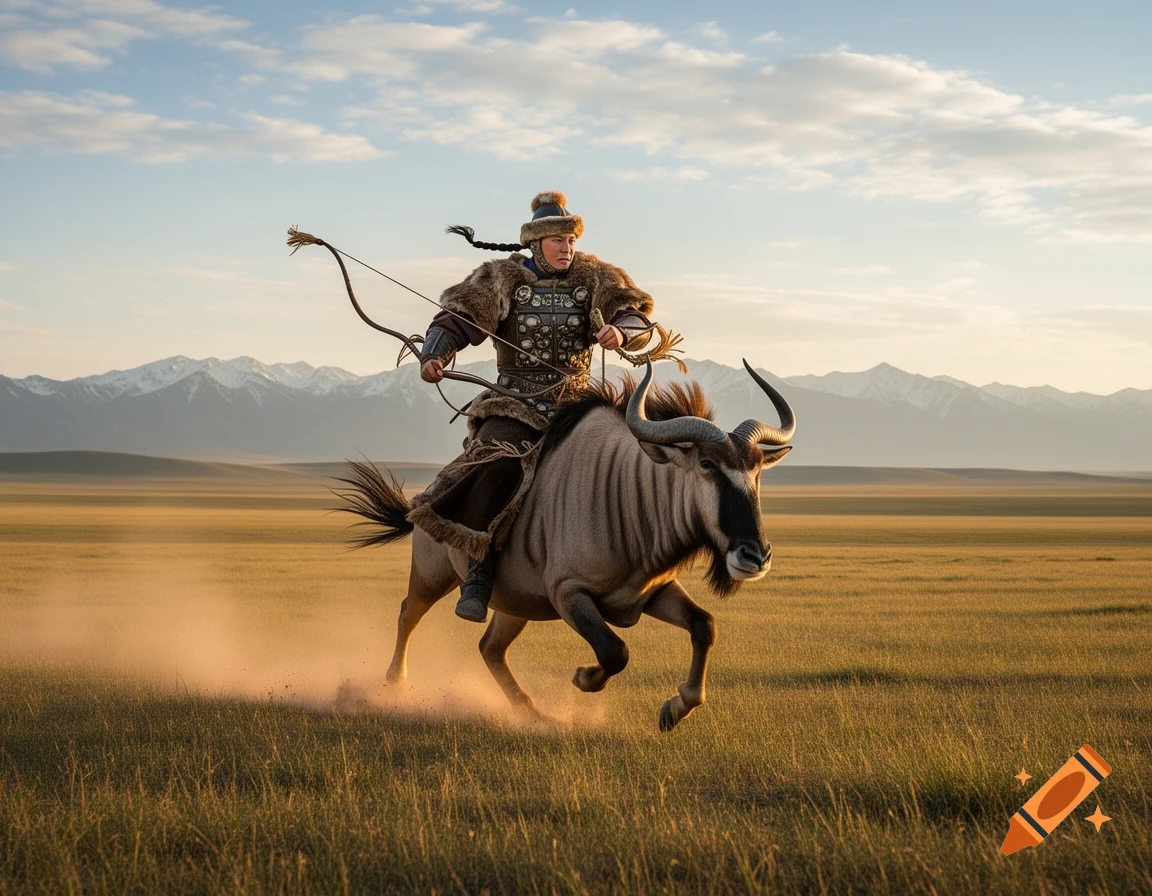 A Mongolian warrior in fur armor rides a charging wildebeest across a vast grassy plain with snow-capped mountains under a sunset sky.