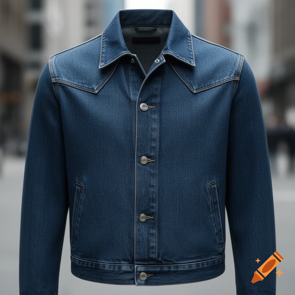 A blue denim jacket with western shirt style shoulder yokes, a blazer-like collar, and buttons, set against a blurred city street.