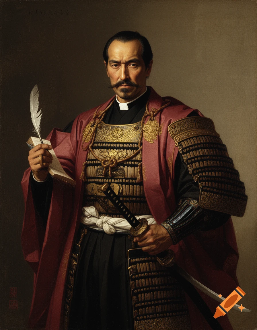 A portrait in Renaissance oil painting style of a man with a mustache, dressed as a samurai warrior and a Christian priest, holding a quill and a katana.