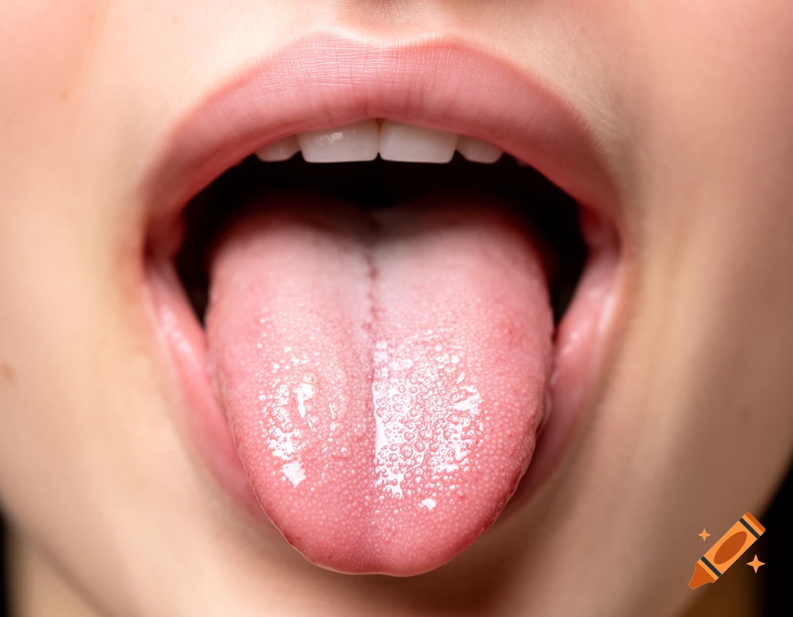 Close-up of a person's open mouth with a pink tongue extended.