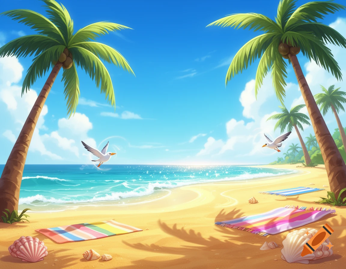 A vibrant cartoon-style sunny beach scene with palm trees, blue ocean, a sandy shore, and seagulls flying.