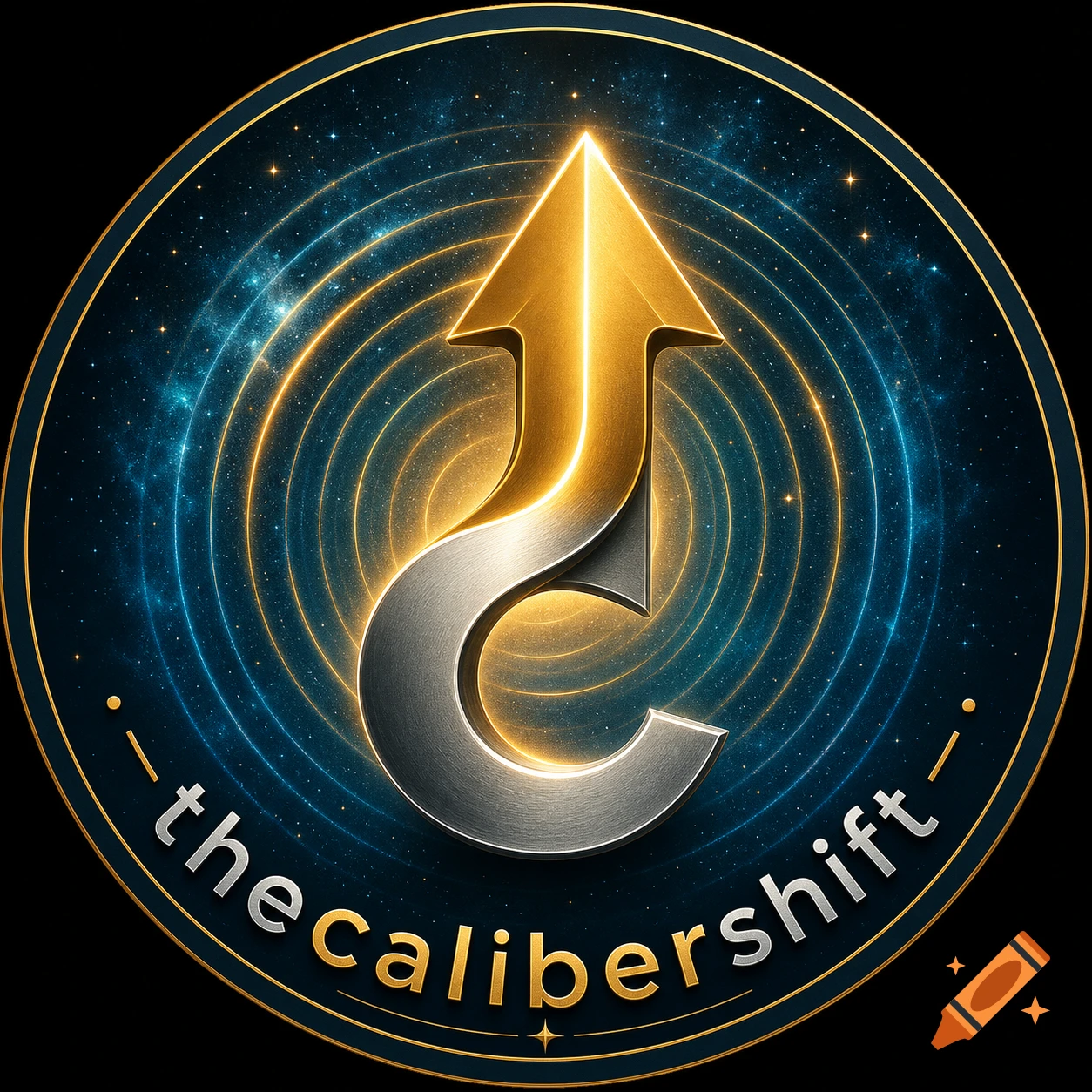 A circular logo featuring a golden and silver upward-pointing arrow merging from a 'C' shape, with 'thecalibershift' text, against a starry cosmic background.