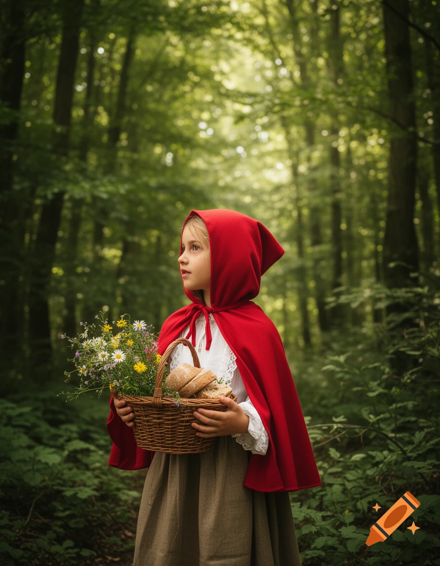 Young girl in a red hood, dressed as Little Red Riding Hood, stands in a sun-dappled forest holding a basket of wildflowers and bread.