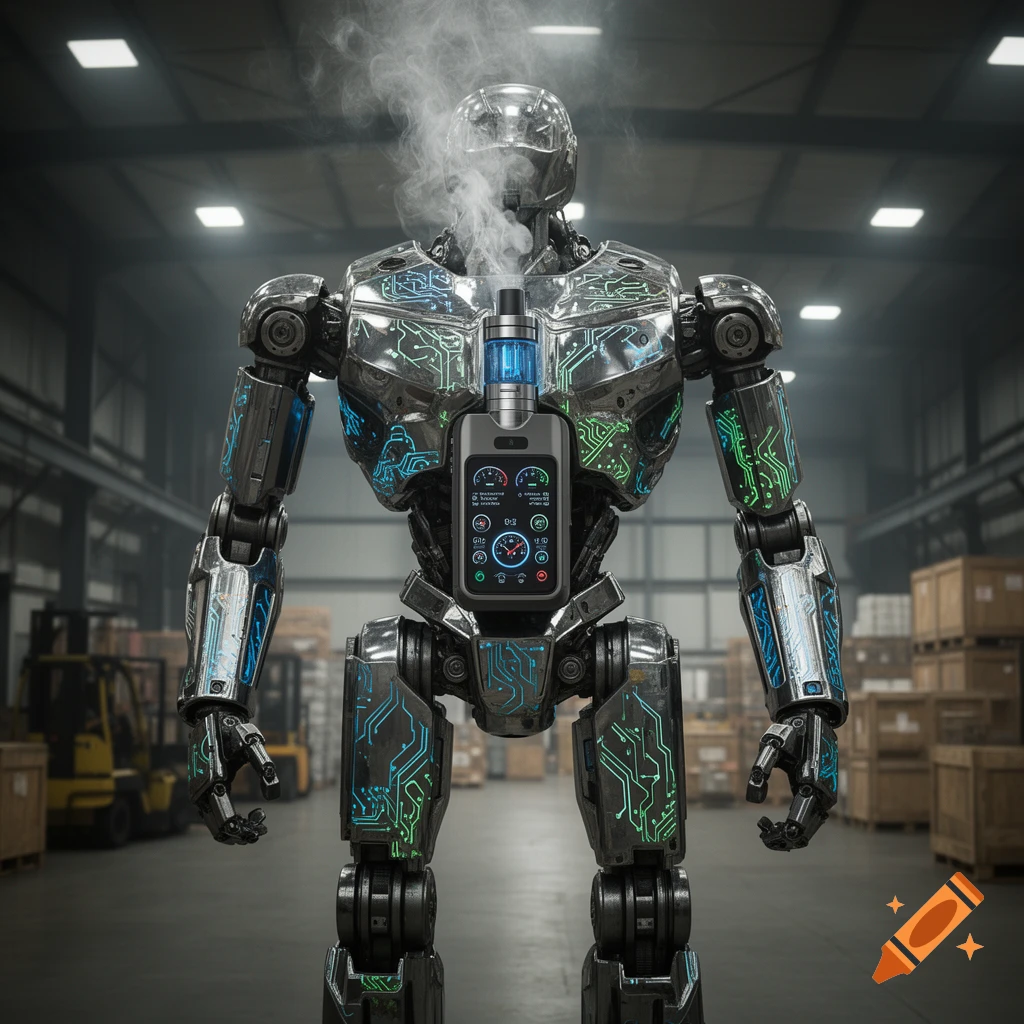 A metallic robot with circuit patterns on its body stands in a warehouse, a large vape device integrated into its chest emits smoke.
