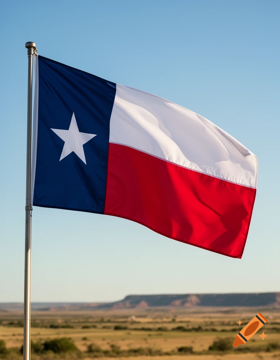 The Texas state flag waving on a flagpole against a clear blue sky, with a blurred desert landscape and distant hills in the background.