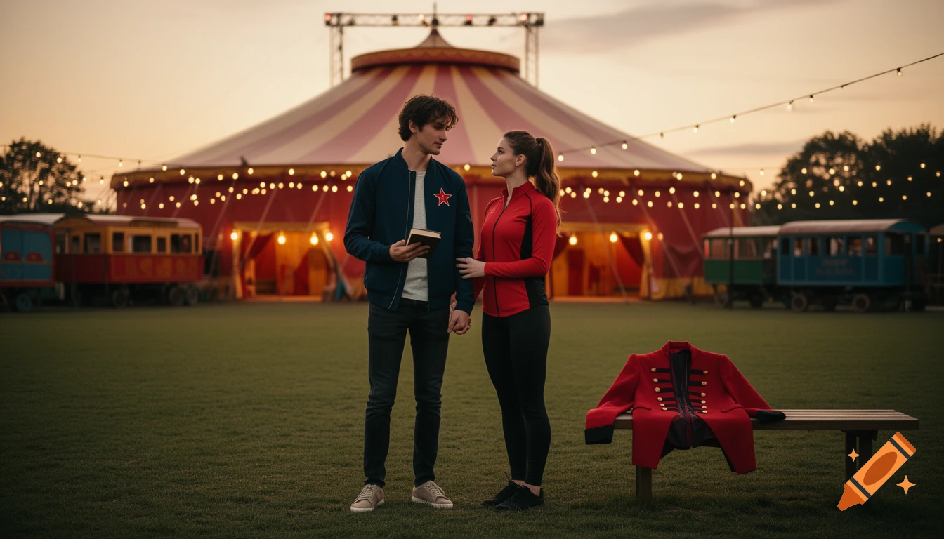 A man holding a book and an athletic woman holding his hand stand before a lit circus tent at sunset, with a red jacket on a bench.
