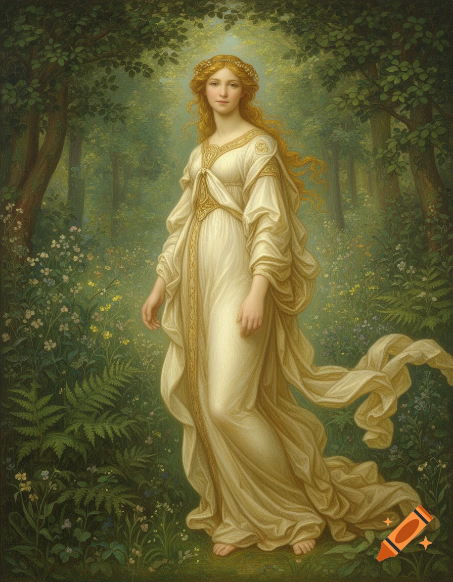 A beautiful young woman with long, golden hair and a flowing white gown stands barefoot in a lush, green forest, in an oil painting style.
