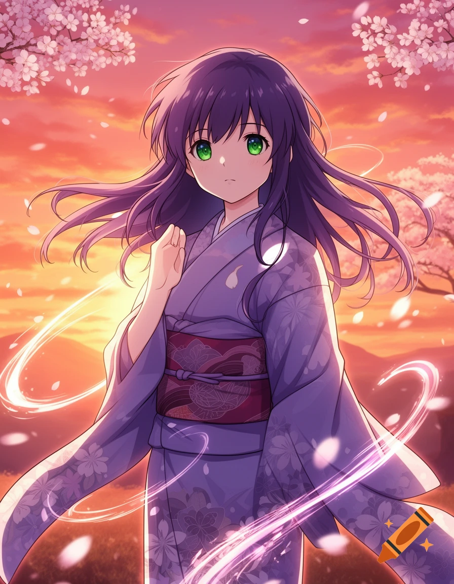 Anime girl with purple hair and green eyes in a purple kimono, standing among falling cherry blossoms at sunset.