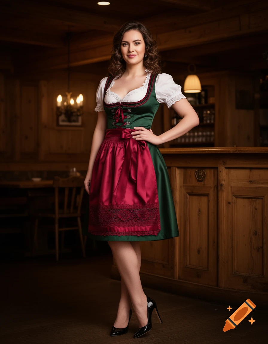 A woman in a green and red dirndl and black high heels stands in a rustic wooden bar.