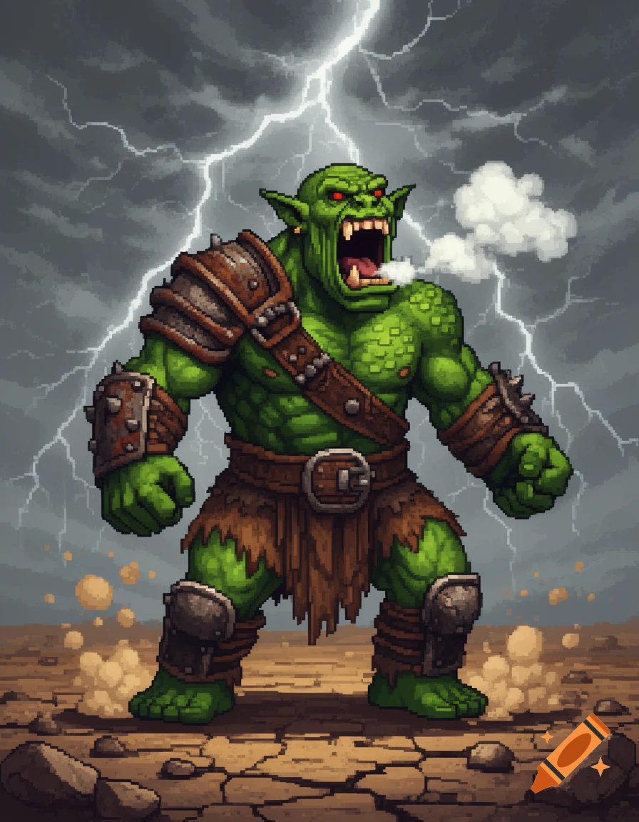 A pixel art illustration of an angry green orc roaring with red eyes and tusks, against a stormy sky with lightning.