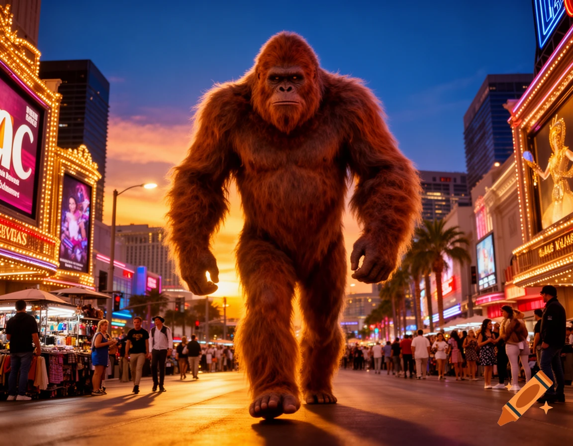 A giant, furry Sasquatch walks down a busy street in Las Vegas at sunset, dwarfing the people and neon signs.