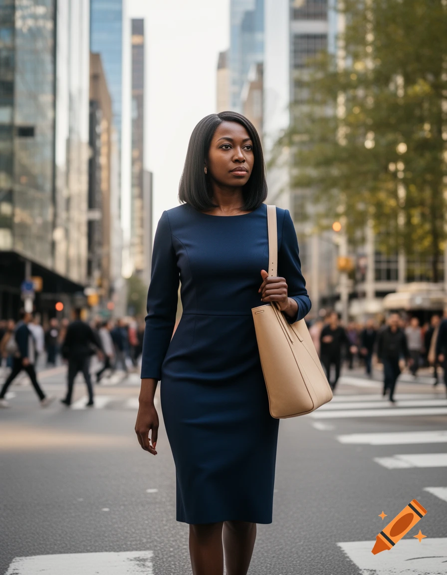 Photorealistic image of a Black businesswoman in a dark blue dress, walking on a busy city street with a tan handbag.
