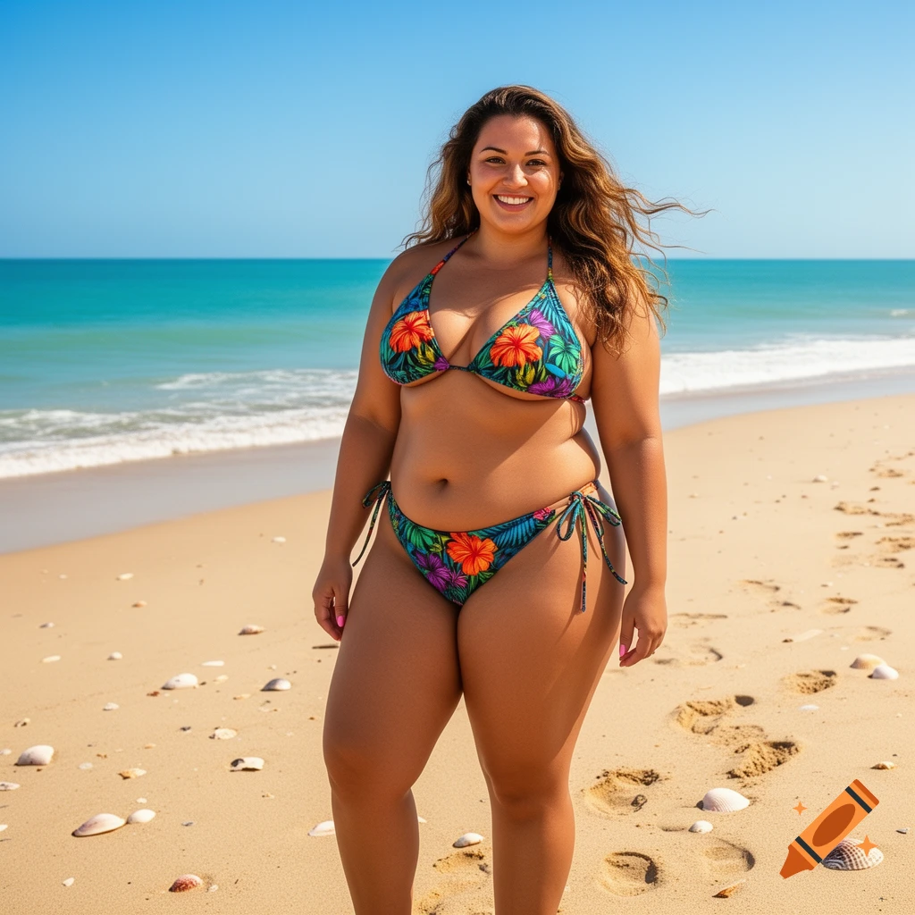 A smiling woman in a colorful floral bikini stands on a sandy beach with the ocean in the background.