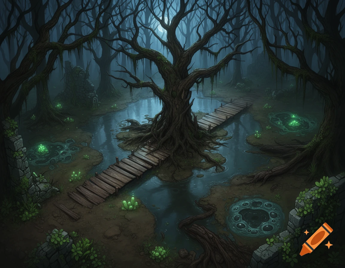 Dark fantasy battle map of a swampy forest with gnarled trees, a wooden bridge, glowing green plants, and murky water.