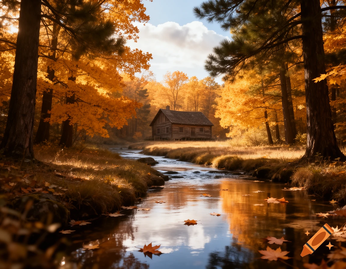 A tranquil autumn landscape featuring a log cabin nestled in a forest of golden trees, with a winding stream flowing through the foreground.
