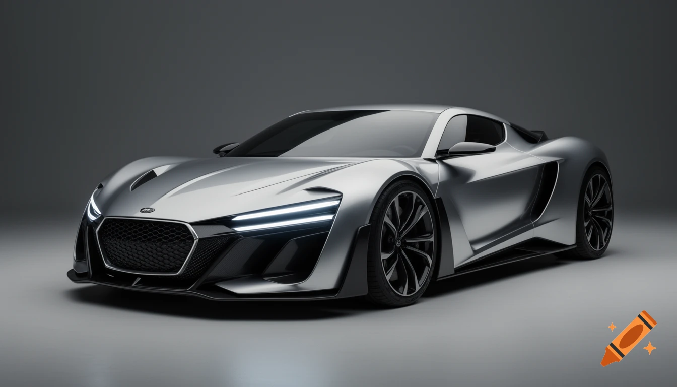 A sleek, metallic silver futuristic concept sports car with black accents and sharp LED lights, parked in a cinematic studio setting.