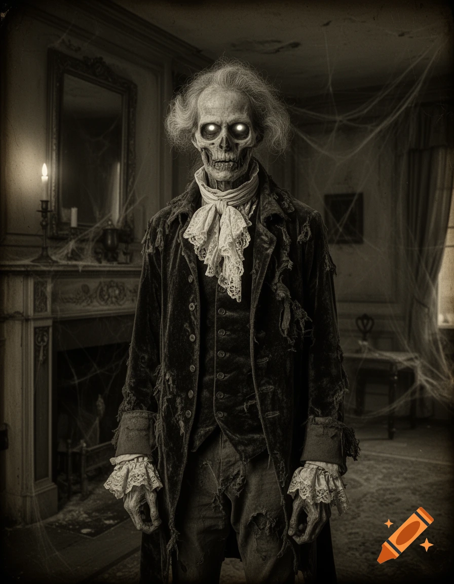 Monochrome image of a skeletal figure with glowing eyes, wearing tattered 18th-century clothing, standing in a cobweb-filled room.
