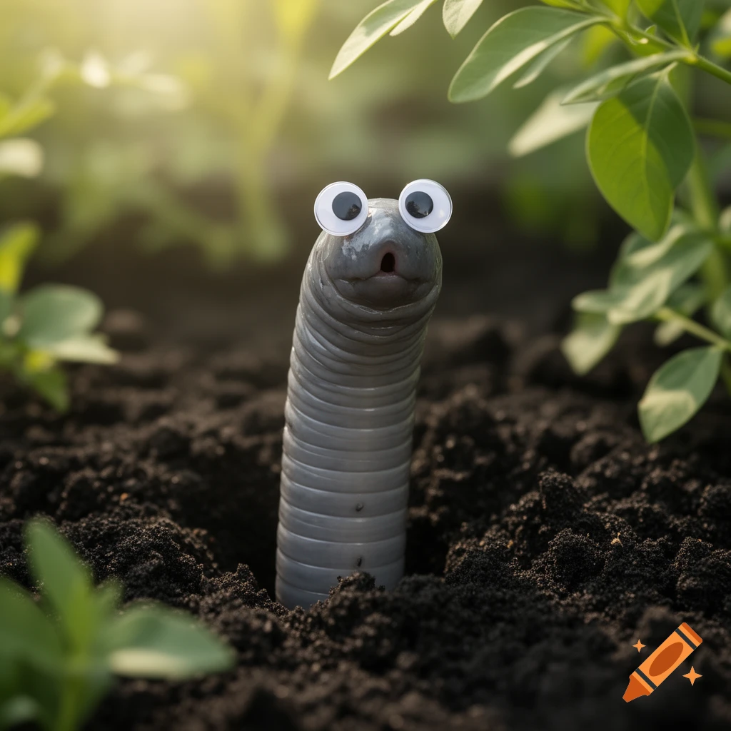A grey worm with large googly eyes peeking out of dark soil in a sunlit garden.