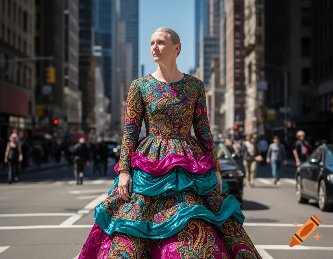 A person wearing an elaborate, colorful paisley and metallic dress stands in the middle of a city street with skyscrapers.