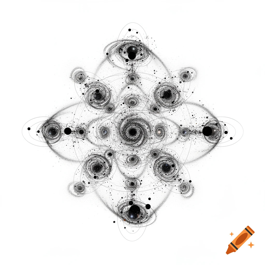 A symmetrical black and white abstract design featuring swirling galaxies and orbital paths, reminiscent of celestial art.
