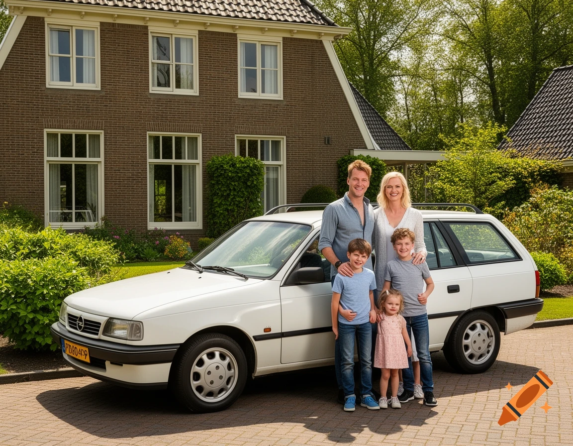 A smiling family poses with their white station wagon in front of a brick house on a sunny day.