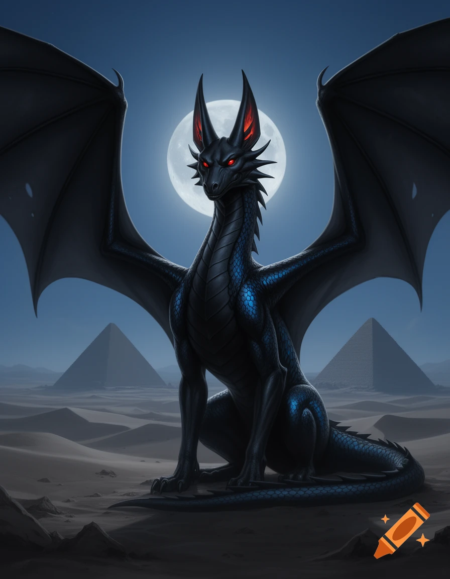A black dragon with blue scales and glowing red eyes sits in a desert under a full moon, with pyramids in the background.