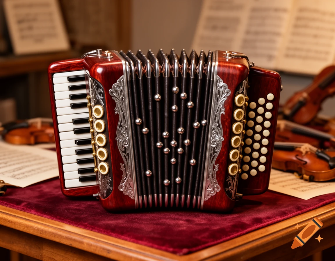 A photorealistic dark red accordion-like instrument with white keys and silver details, sitting on a red velvet cloth with blurred violins and sheet music in the background.