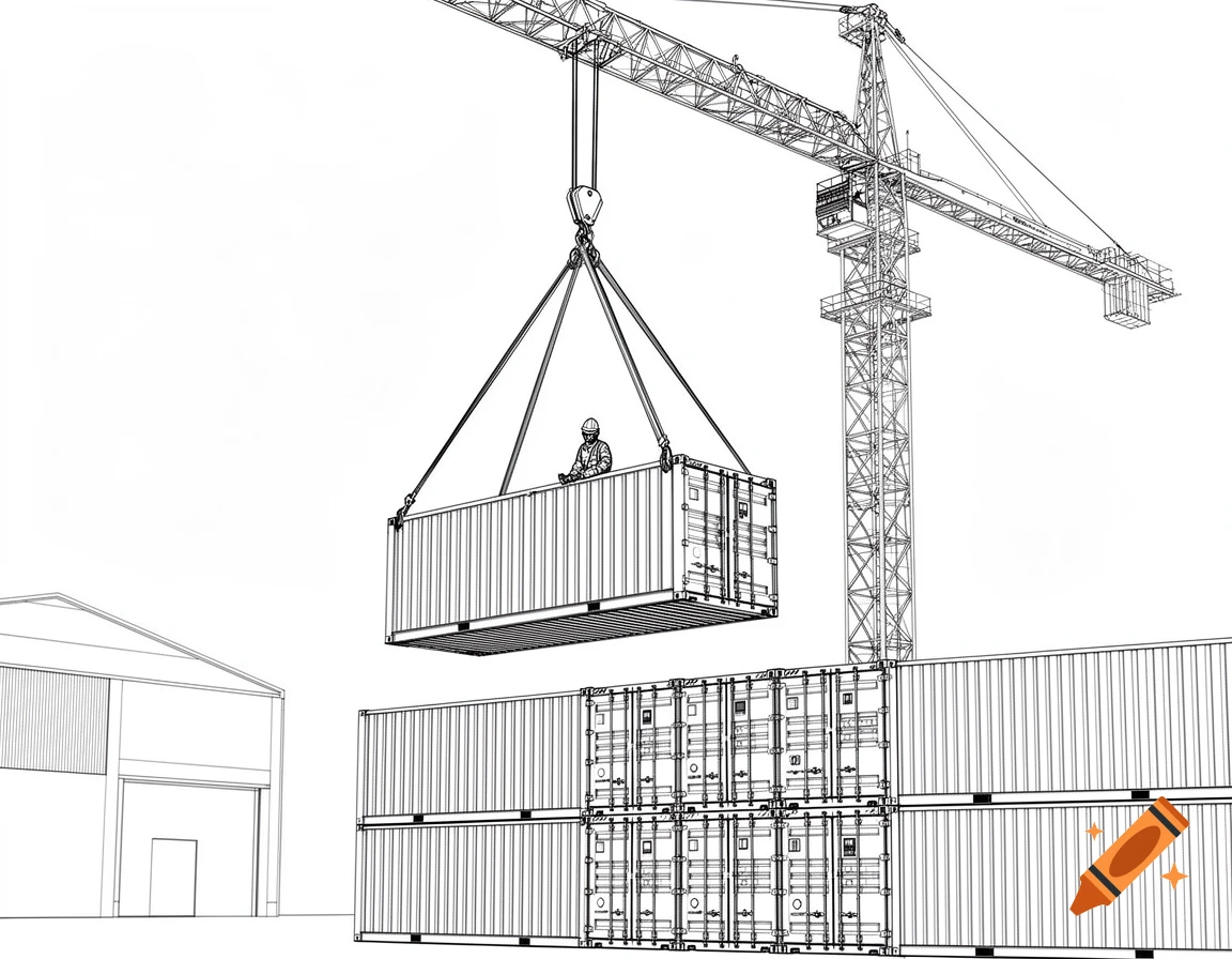 A black and white technical line drawing shows a crane lifting a shipping container with a worker on it, over stacked containers.