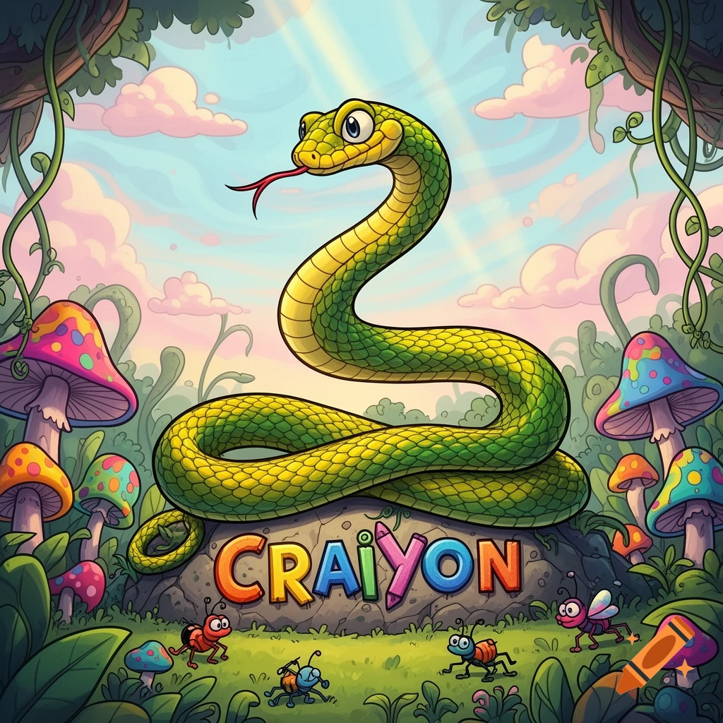 Cartoon green snake coiled on a rock with colorful mushrooms and insects in a whimsical forest. The rock reads 'CRAIYON'.