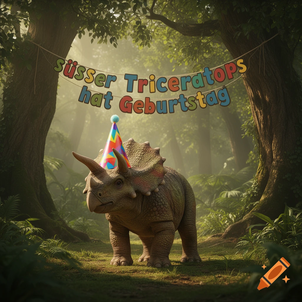A photorealistic triceratops in a jungle wearing a party hat, with a colorful 'süsser Triceratops hat Geburtstag' banner.