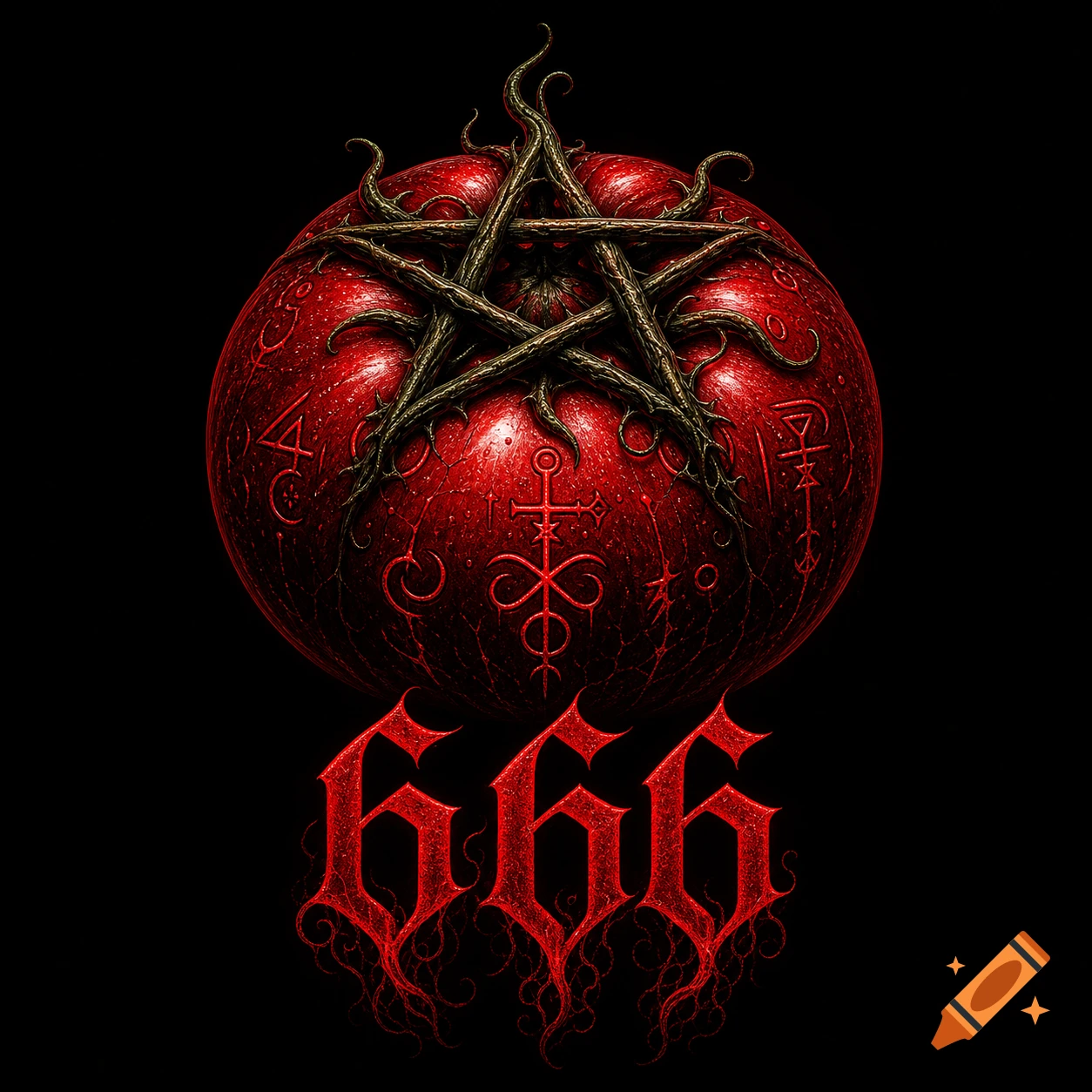 A dark, stylized red sphere with a thorny pentagram and occult symbols. Below, the number 666 is in a dripping, gothic font.