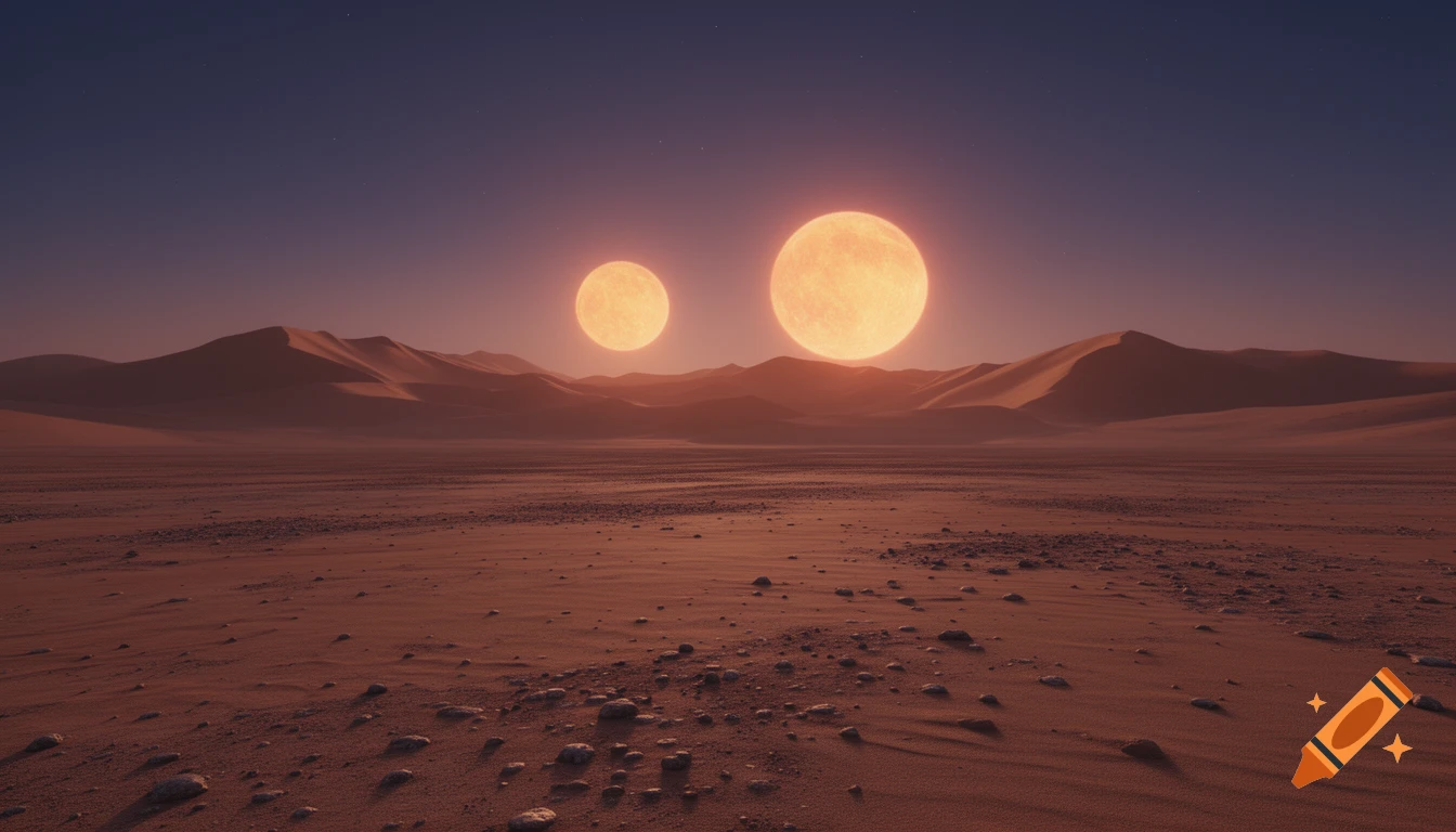 Photorealistic desert landscape at dusk with two bright suns over distant dunes and a rocky foreground.