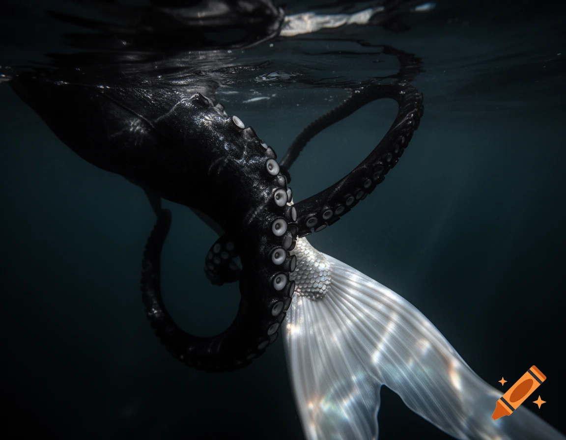 A dark octopus tentacle coils around a shimmering white mermaid tail in deep, dark water, seen from an underwater perspective.