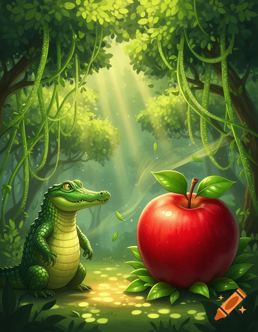 A cartoon alligator sits on the ground looking at a huge red apple in a vibrant, sunlit jungle scene.