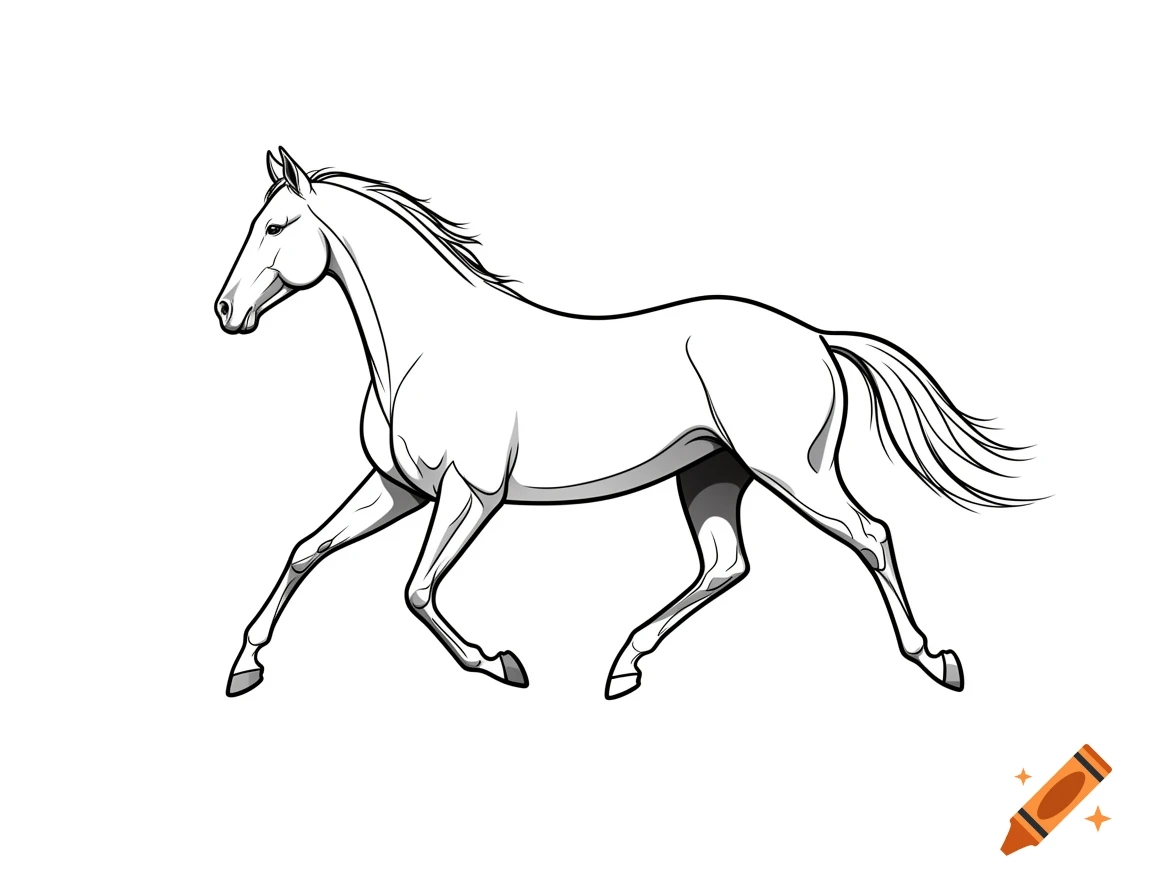 Black and white line drawing of a horse in motion.