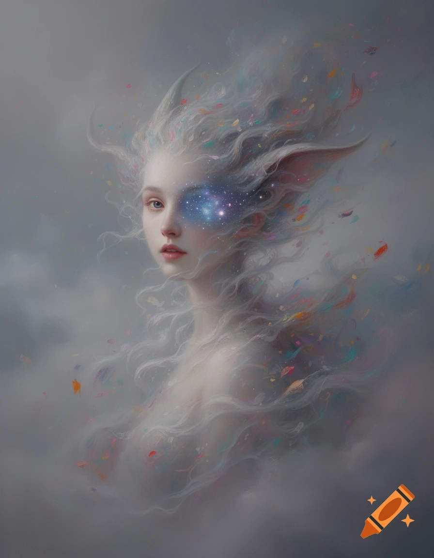 An ethereal female figure with a glowing cosmic eye, pointed ears, and swirling pastel hair against a misty, dreamlike background, in a digital painting.